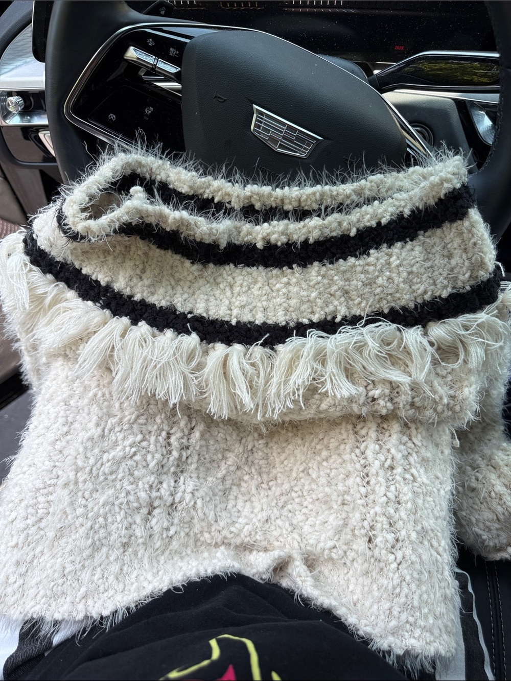 Chunky Ivory Fringe Turtleneck Sweater with Black Stripes